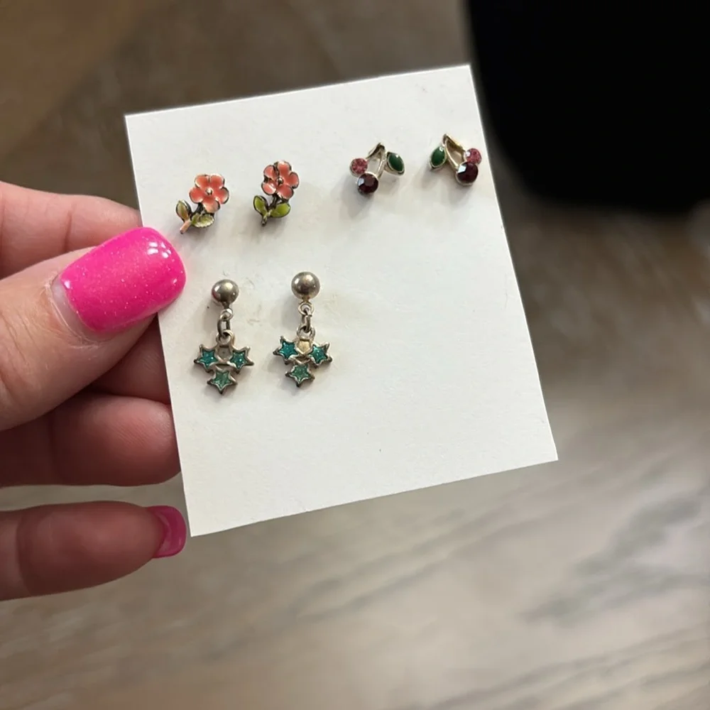 Vintage set of small cherries, blue stars, & pink flowers pierced earrings